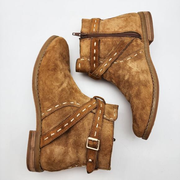 Hush Puppies Chardon Belt Suede Boots Booties Womens Size 7 Cognac Brown Western - Picture 6 of 12